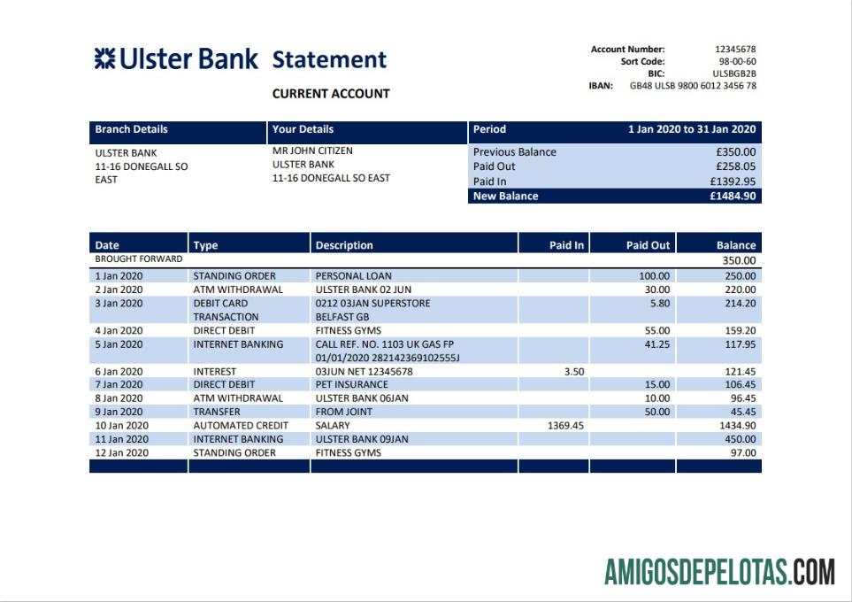 Modelo de extrato bancário Ulster da República da Irlanda para download em formato Word e PDF, bom para prova de endereço